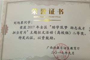 喜报：太阳成集团tyc33455cc16级研究生荣获2017年全区“助学筑梦 励志成才 担当有为”主题征文活动（高校组）二等奖